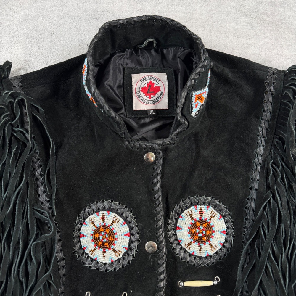 Canadian Leather Creations Jacket Womens XL Black Suede Fringe Beaded Western - Picture 4 of 13